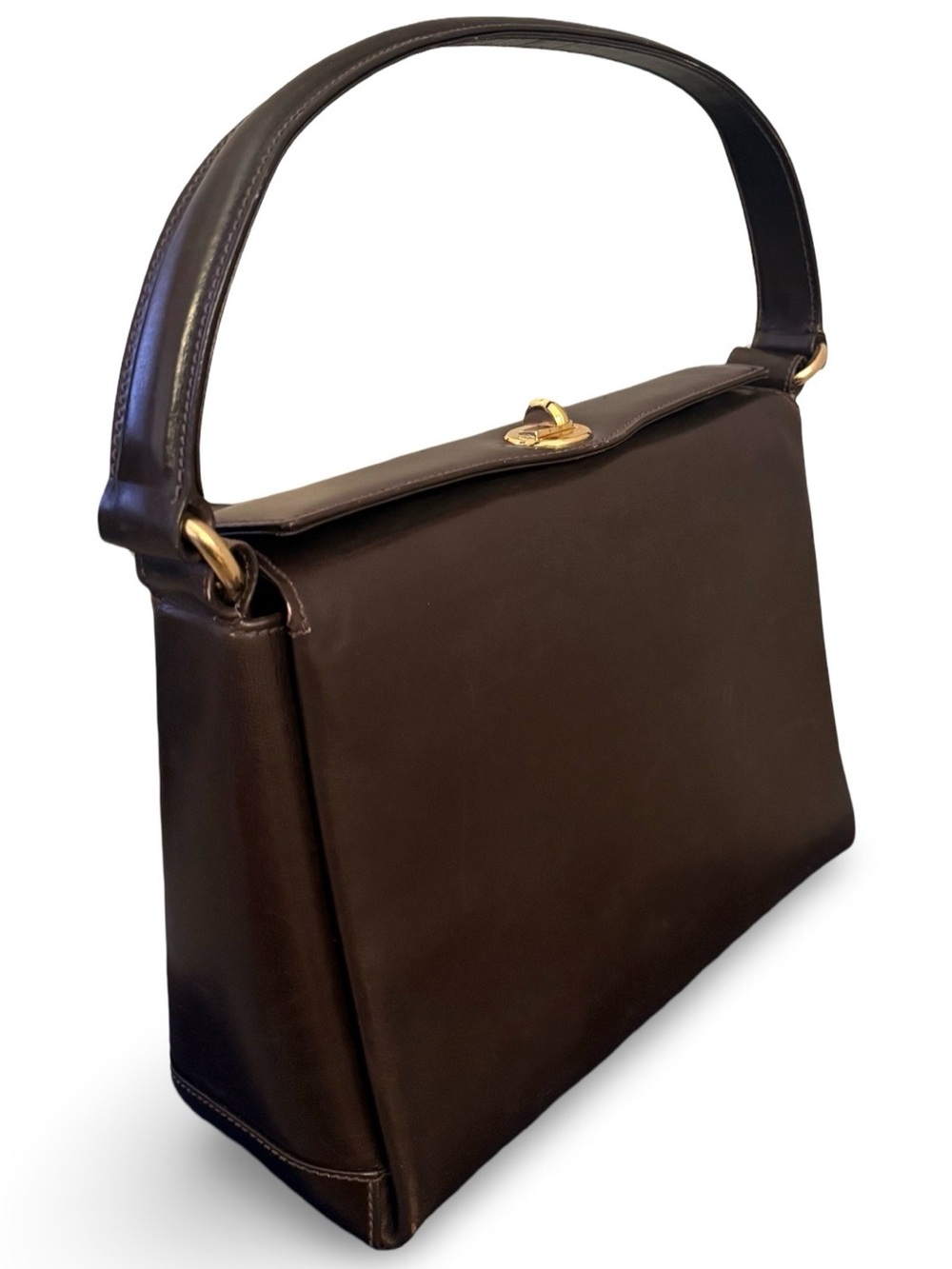 Gucci Brown Leather Top Handle Shoulder Bag Gold Turn Lock Purse